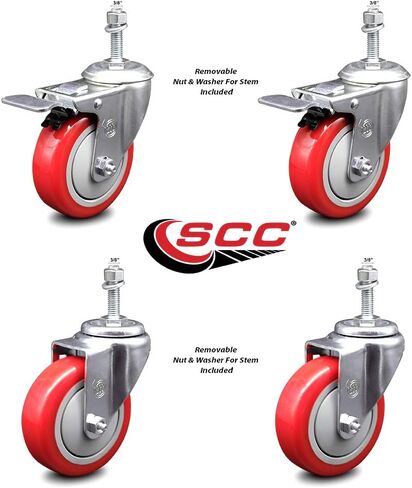 Polyurethane Swivel Threaded Stem Caster Set of 4 w/4" x 1.25" Red Wheels and 3/8" Stems - Includes 2 with Top Locking Brake - 1400 lbs Total Capacity - Service Caster Brand in Saudi Arabia