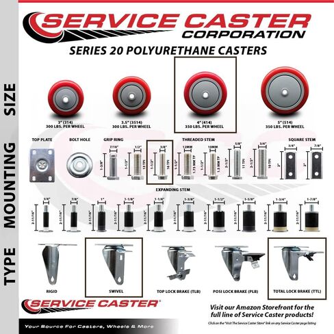 Polyurethane Swivel Threaded Stem Caster Set of 4 w/4" x 1.25" Red Wheels and 3/8" Stems - Includes 2 with Top Locking Brake - 1400 lbs Total Capacity - Service Caster Brand in Saudi Arabia