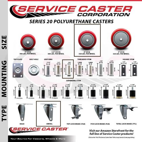 Polyurethane Swivel Threaded Stem Caster Set of 4 w/4" x 1.25" Red Wheels and 3/8" Stems - Includes 2 with Top Locking Brake - 1400 lbs Total Capacity - Service Caster Brand in Saudi Arabia