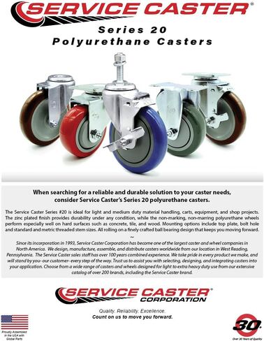 Polyurethane Swivel Threaded Stem Caster Set of 4 w/4" x 1.25" Red Wheels and 3/8" Stems - Includes 2 with Top Locking Brake - 1400 lbs Total Capacity - Service Caster Brand in Saudi Arabia