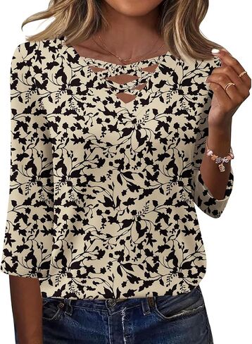 Rapbin Women Blouses Dressy Casual Summer Tops 3/4 Length Sleeve Womens T Shirts V Neck Criss Cross Tees in Saudi Arabia
