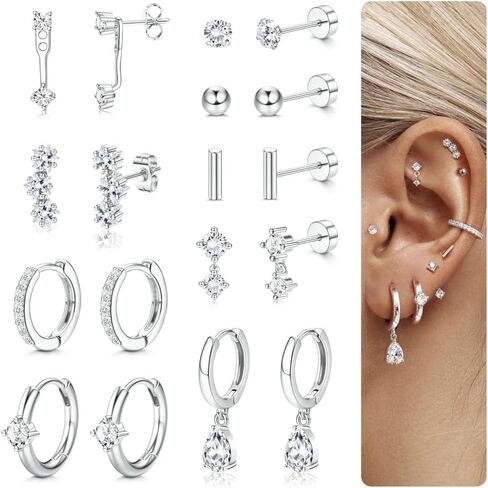 Fibo Steel Small Stud Hoop أقراط للنساء - 9 أزواج من أقراط غضروف مطلي بالذهب 14K للنساء للنساء المداخن عوامل الظهر المسطحة اللطيفة. in Saudi Arabia