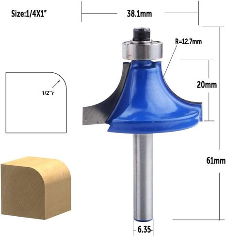 Jinchao-Router bits, 1/4" Tungsten Carbide Corner Round Over Router Bit with Bearing Milling Cutter for Wood Woodworking Tool, for Home DIY (Size : 6.35mmX6.35mm) in Saudi Arabia