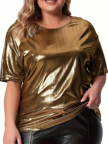 WDIRARA Women's Short Sleeve T Shirts Metallic Shiny Top Casual Round Neck Party Disco Club Tees in Kuwait