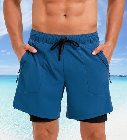 ECUPPER Mens Swim Trunks with Compression Liner Board Shorts with Zipper Pockets Quick Dry Swimwear Beach Bathing Swimsuit in Kuwait
