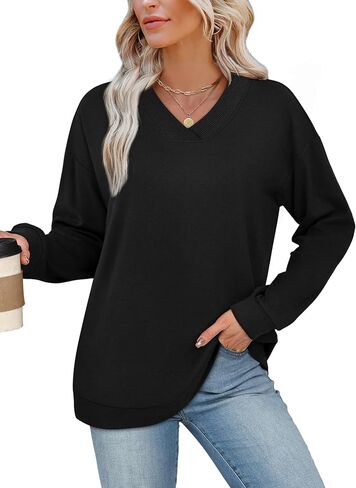 WIHOLL Sweatshirt for Women V Neck Sweaters Long Sleeve Shirts Fall Clothes Ribbed Collar 2025 Trendy Fashion in Kuwait