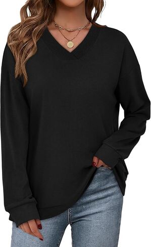 WIHOLL Sweatshirt for Women V Neck Sweaters Long Sleeve Shirts Fall Clothes Ribbed Collar 2025 Trendy Fashion in Kuwait