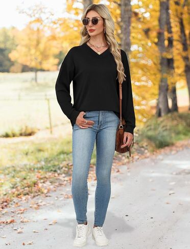 WIHOLL Sweatshirt for Women V Neck Sweaters Long Sleeve Shirts Fall Clothes Ribbed Collar 2025 Trendy Fashion in Kuwait