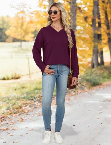 WIHOLL Sweatshirt for Women V Neck Sweaters Long Sleeve Shirts Fall Clothes Ribbed Collar 2025 Trendy Fashion in Kuwait
