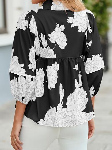 Tankaneo Womens Floral Peplum Babydoll Tops 3/4 Puff Sleeve Pleated Blouse Cute Casual V Neck Loose Fit Flowy Boho Shirts in Saudi Arabia