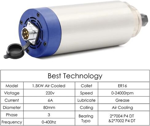 1.5kw ER16 air-cooled spindle 400Hz 0-24000rpm 4 bearings with 0.01mm accuracy(380v) in Saudi Arabia