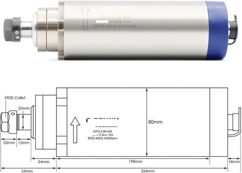 Machine Tool CNC 2.2 kw ER20 220v air Cooled Spindle Motor 2.2kw 80mm 80x224mm 4 Bearings(Steel Ball Bearing,110v) in Saudi Arabia
