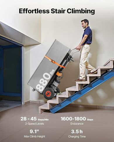 VEVOR Electric Stair Climbing Dolly, 880lbs Electric Stair Climbing Hand Trucks with 157.5in Rope & Extendable Handle, Heavy Duty Stair Climber for Warehouse Logistics, Moving Furniture(Black) in Saudi Arabia