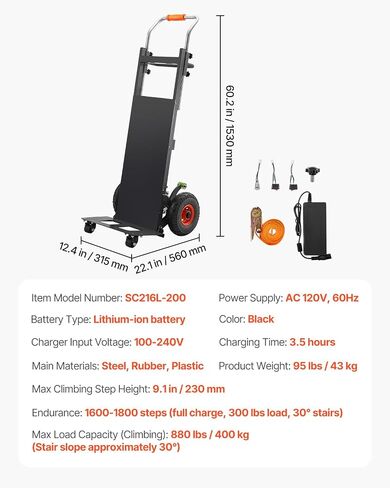 VEVOR Electric Stair Climbing Dolly, 880lbs Electric Stair Climbing Hand Trucks with 157.5in Rope & Extendable Handle, Heavy Duty Stair Climber for Warehouse Logistics, Moving Furniture(Black) in Saudi Arabia