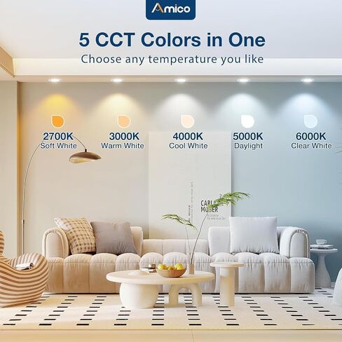 Amico 4 Pack 5/6 Inch 5CCT LED LED LEVERING ، DIMMABLE ، 12.5W = 100W ، 950LM ، 2700K/3000K/4000K/5000K/6000K قابل للاختيار ، يمكن التعديل التحديثي المصابيح مع تقليم الحرس ، مصنفة IC - ETL و FCC ، أبيض in Kuwait