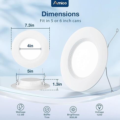 Amico 4 Pack 5/6 Inch 5CCT LED LED LEVERING ، DIMMABLE ، 12.5W = 100W ، 950LM ، 2700K/3000K/4000K/5000K/6000K قابل للاختيار ، يمكن التعديل التحديثي المصابيح مع تقليم الحرس ، مصنفة IC - ETL و FCC ، أبيض in Kuwait