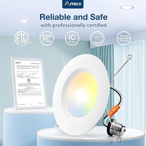 Amico 4 Pack 5/6 Inch 5CCT LED LED LEVERING ، DIMMABLE ، 12.5W = 100W ، 950LM ، 2700K/3000K/4000K/5000K/6000K قابل للاختيار ، يمكن التعديل التحديثي المصابيح مع تقليم الحرس ، مصنفة IC - ETL و FCC ، أبيض in Kuwait