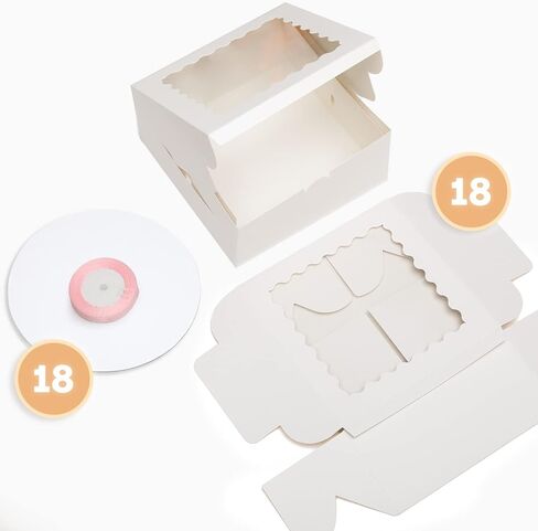 Bakepacker 36pcs 6x6x5 Inches with Window 18-Packs White 6 Inch Bakery Boxes (18 Cake Boxes +18 Cake Boards + 10 Meters Silk Ribbon Includes Included) in Kuwait