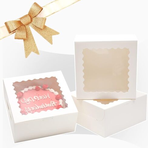 Bakepacker 36pcs 6x6x5 Inches with Window 18-Packs White 6 Inch Bakery Boxes (18 Cake Boxes +18 Cake Boards + 10 Meters Silk Ribbon Includes Included) in Kuwait