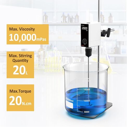 4E's USA Lab Overhead Stirrer - 20 Liter, 10000 mPas, 50~2000 RPM Variable Speed with Stand and Stirring Rod, LED Lab Stirrer Mixer with Safety Sensors and Go-Through Design for Easy Rod Adjustment in Kuwait