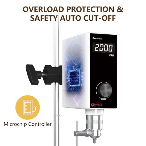 4E's USA Lab Overhead Stirrer - 20 Liter, 10000 mPas, 50~2000 RPM Variable Speed with Stand and Stirring Rod, LED Lab Stirrer Mixer with Safety Sensors and Go-Through Design for Easy Rod Adjustment in Kuwait