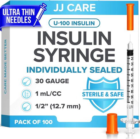 محقنة jj care الأنسولين (حزمة 100) 1cc/ml 30g 1/2 "، محاقن الأنسولين U-100 للإدارة السكانية ، وملفوفة الأنسولين ذات الاستخدام المفرد ، ومحاقن السكري المعقمة والمعقمة ، ملفوفة بشكل فردي in Saudi Arabia