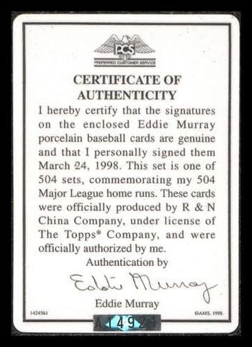 Eddie Murray Autographed Porcelain Baseball Card Set Baltimore Orioles "ROY 77, 81 HRC & 504 HR" With 3 Signed Cards #54/504 Signature Series #A14921 - MLB Autographed Baseball Cards in Saudi Arabia