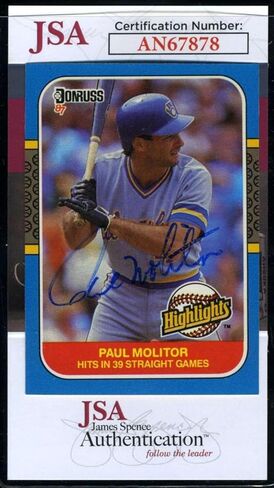 Paul Molitor JSA Coa توقيع عام 1987 Donruss Awayslors Autograph - لعبة البيسبول بطاقات موقعة in Kuwait