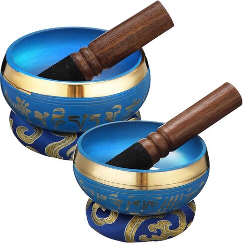 2 PCS التبتية الأوعية الغنائية مع 2 أجهزة كمبيوتر الرباط الكاملة طقم وعاء التأمل مع وسادة وناشح النحاس المضبوطة الجرس التبتي لليوغا الاسترخاء شفاء صوت (3.5 بوصة ، 4 بوصات) in Kuwait