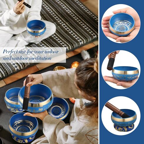 2 PCS التبتية الأوعية الغنائية مع 2 أجهزة كمبيوتر الرباط الكاملة طقم وعاء التأمل مع وسادة وناشح النحاس المضبوطة الجرس التبتي لليوغا الاسترخاء شفاء صوت (3.5 بوصة ، 4 بوصات) in Kuwait
