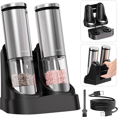 GiveBest Electric Salt and Pepper Grinder Set – Rechargeable Stainless Steel Mills, 100 ml Automatic Shakers Set with 6-Level Adjustable Coarseness and Light, Upgraded Larger Capacity in Kuwait
