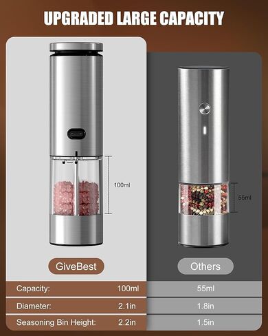 GiveBest Electric Salt and Pepper Grinder Set – Rechargeable Stainless Steel Mills, 100 ml Automatic Shakers Set with 6-Level Adjustable Coarseness and Light, Upgraded Larger Capacity in Kuwait