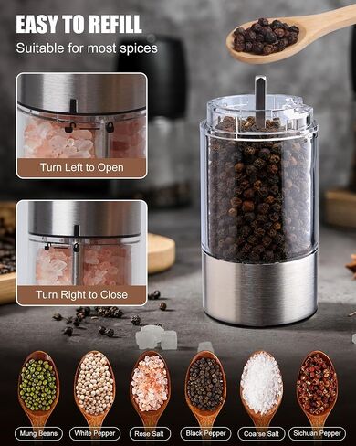 GiveBest Electric Salt and Pepper Grinder Set – Rechargeable Stainless Steel Mills, 100 ml Automatic Shakers Set with 6-Level Adjustable Coarseness and Light, Upgraded Larger Capacity in Kuwait