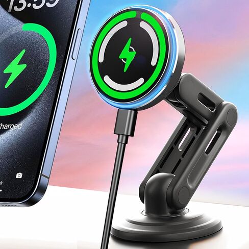QI2 15W لشاحن Magsafe Car Mount ، LED LED Ambient Light ، قابل للسحب بذراع طويلة و 360 درجة ، شاحن سيارة لاسلكي مغناطيسي Dash ، حامل هاتف السيارة لجهاز iPhone 16/15/14/13/12 in Kuwait