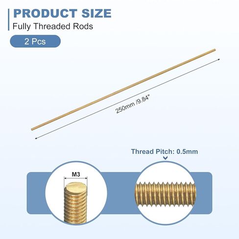 uxcell 2Pcs M3-0.5x250mm Fully Threaded Rods, Threaded Rods Bar Studs, Brass Long Thread Screws Hardware for U-Bolts, Anchors, Clamps, Hangers, Brass in Saudi Arabia