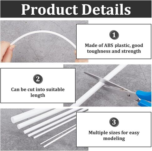 Benecreat 48pcs 7 أنماط مستديرة قضيب ABS البلاستيكي ، قضبان التوحيد الأكريليك الصلبة ABS styren in Kuwait