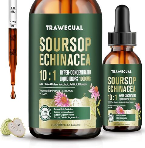 قطرات سائل Soursop Graviola - 5 في 1 مع Echinacea ، الكركم ، VC ، الزنك ، 10: 1 تركيز البيرة على الدعم المناعي ، الصحة الخلوية ودعم مضادات الأكسدة in Kuwait