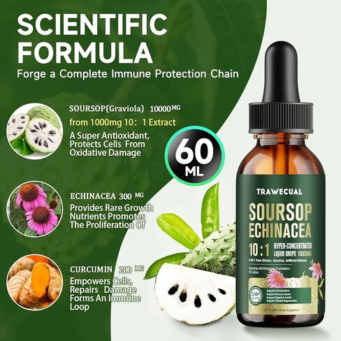 قطرات سائل Soursop Graviola - 5 في 1 مع Echinacea ، الكركم ، VC ، الزنك ، 10: 1 تركيز البيرة على الدعم المناعي ، الصحة الخلوية ودعم مضادات الأكسدة in Kuwait