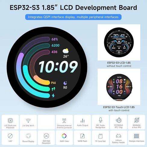 32 Bit Round Display Development Board, High Performance Processor, WiFi Bluetooth 5, LCD 360x360 Capacitive Touch, Sound Decoder, 6 Axes Sensor, RTC Sensor, Low Power Consumption in Saudi Arabia