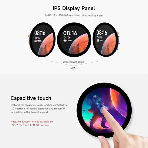 32 Bit Round Display Development Board, High Performance Processor, WiFi Bluetooth 5, LCD 360x360 Capacitive Touch, Sound Decoder, 6 Axes Sensor, RTC Sensor, Low Power Consumption in Saudi Arabia