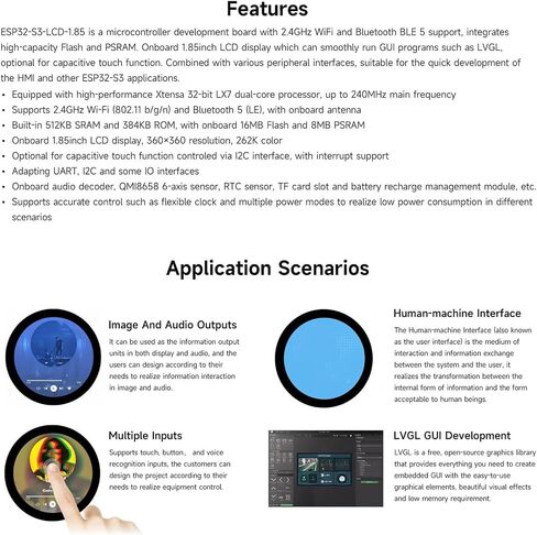 32 Bit Round Display Development Board, High Performance Processor, WiFi Bluetooth 5, LCD 360x360 Capacitive Touch, Sound Decoder, 6 Axes Sensor, RTC Sensor, Low Power Consumption in Saudi Arabia