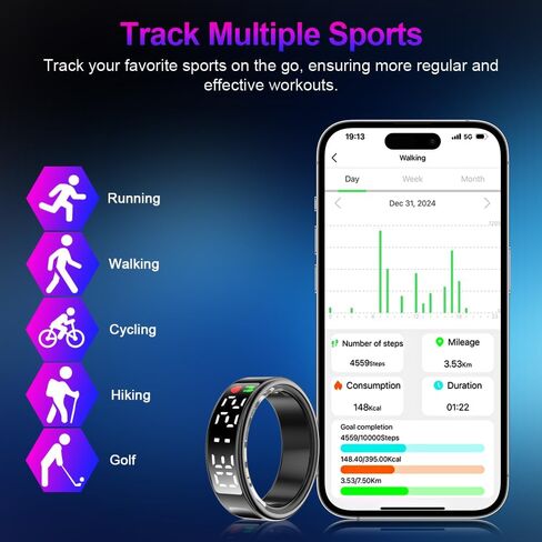 Smart Ring Health Tracker with Display Screen & Touch Button, Bluetooth Connection Health Ring for Women Men, Tracks Heart Rate/Blood Oxygen/Sleep/Steps/Sports Activities, IP68 Waterproof in Saudi Arabia
