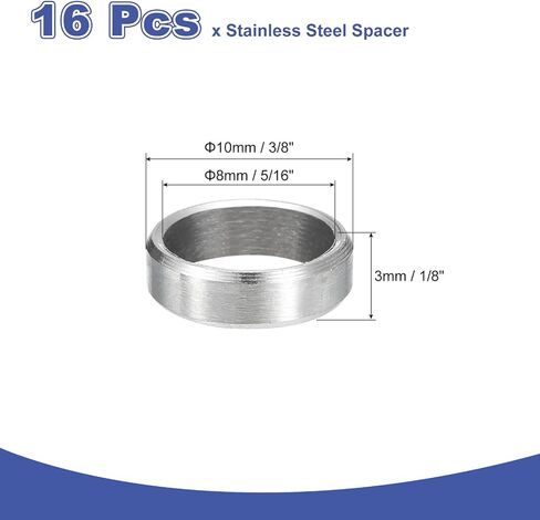 UXCELL 16PCS 304 فاصل الفولاذ المقاوم للصدأ 3/8 "OD X 5/16" id x 1/8 "طول (10x8x3mm) المسمار البوط بلاتبة بلاءات معدنية مستديرة غير مؤثرة للمسامير M8 مسامير وقضبان in Kuwait