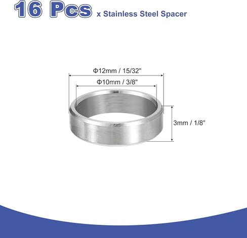 UXCELL 16PCS 304 فاصل الفولاذ المقاوم للصدأ 3/8 "OD X 5/16" id x 1/8 "طول (10x8x3mm) المسمار البوط بلاتبة بلاءات معدنية مستديرة غير مؤثرة للمسامير M8 مسامير وقضبان in Kuwait