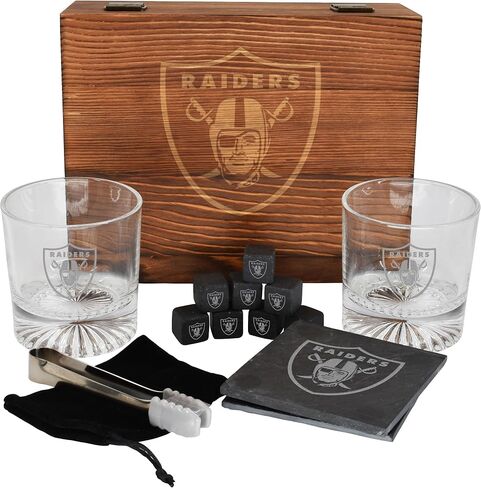 The Memory Company Licensed NFL Wood Boxed Drinkware Gift Set - Includes 2 Premium Rock Glasses, Cooling Cubes, Tongs, and Coasters, Las Vegas Raiders in Kuwait