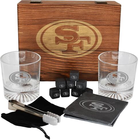 The Memory Company Licensed NFL Wood Boxed Drinkware Gift Set - Includes 2 Premium Rock Glasses, Cooling Cubes, Tongs, and Coasters, Las Vegas Raiders in Kuwait