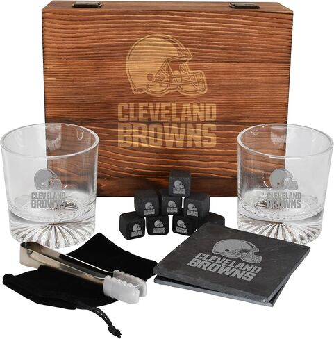 The Memory Company Licensed NFL Wood Boxed Drinkware Gift Set - Includes 2 Premium Rock Glasses, Cooling Cubes, Tongs, and Coasters, Las Vegas Raiders in Kuwait