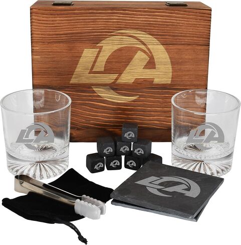 The Memory Company Licensed NFL Wood Boxed Drinkware Gift Set - Includes 2 Premium Rock Glasses, Cooling Cubes, Tongs, and Coasters, Las Vegas Raiders in Kuwait