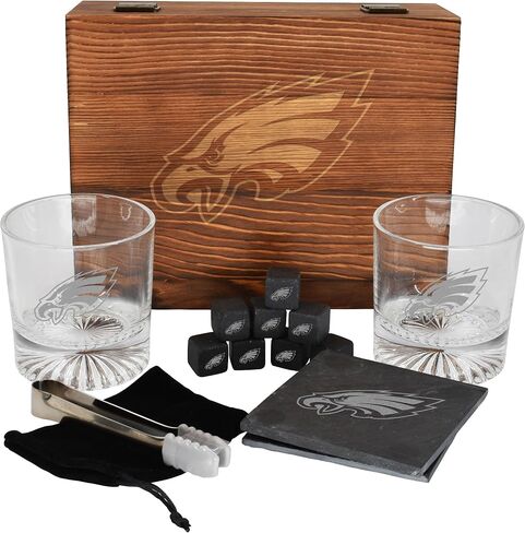 The Memory Company Licensed NFL Wood Boxed Drinkware Gift Set - Includes 2 Premium Rock Glasses, Cooling Cubes, Tongs, and Coasters, Las Vegas Raiders in Kuwait