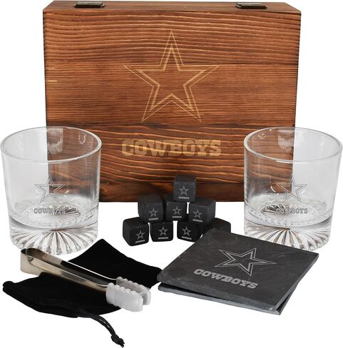The Memory Company Licensed NFL Wood Boxed Drinkware Gift Set - Includes 2 Premium Rock Glasses, Cooling Cubes, Tongs, and Coasters, Las Vegas Raiders in Kuwait